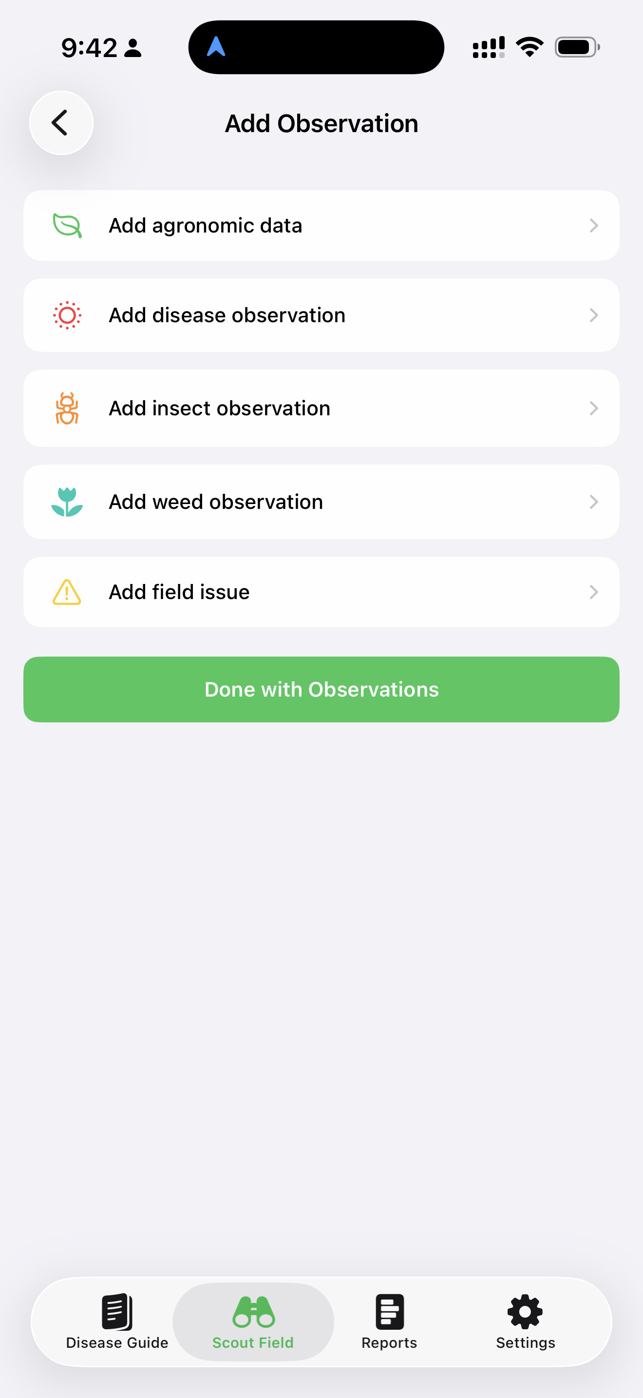 Add Observation menu with agronomic, disease, insect, weed, and field issue options
