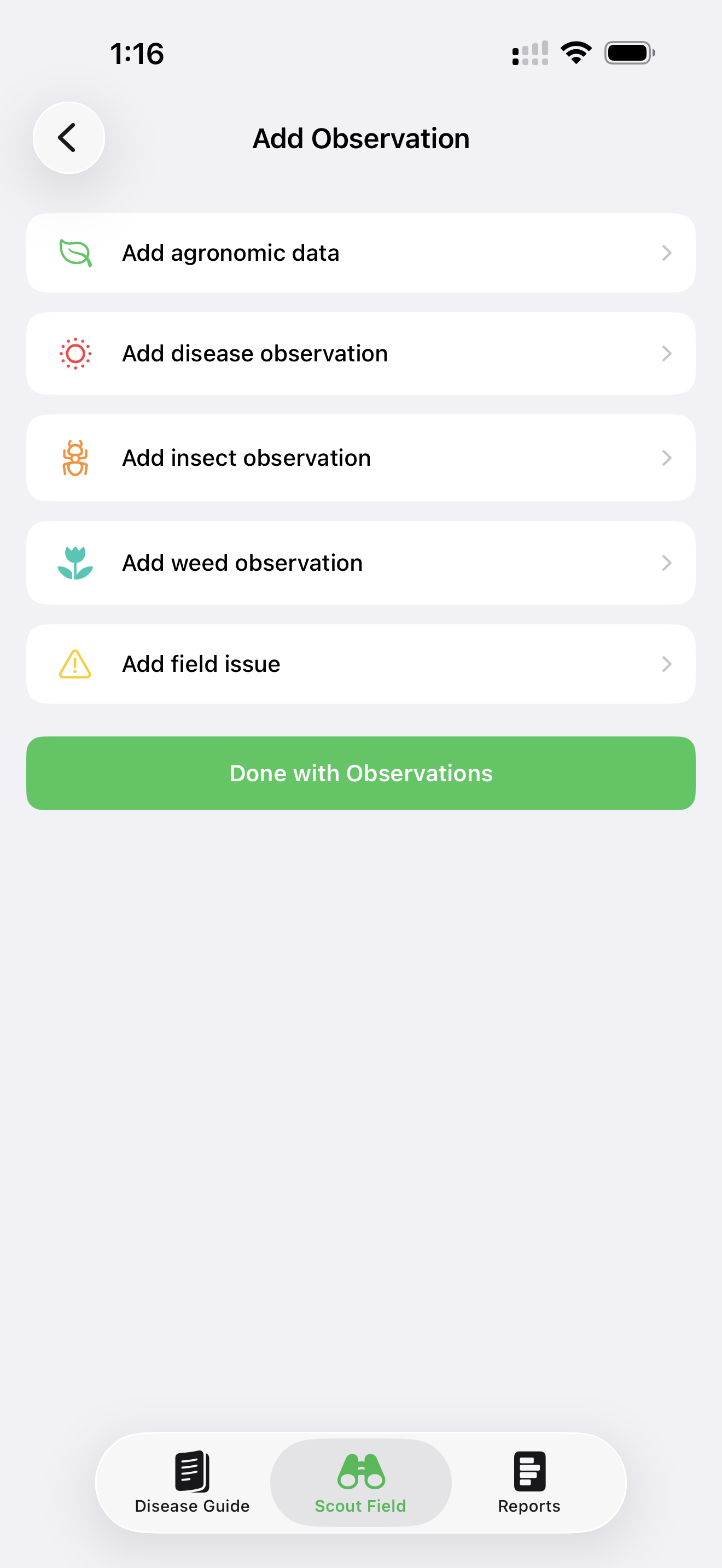 Add Observation menu with agronomic, disease, insect, weed, and field issue options