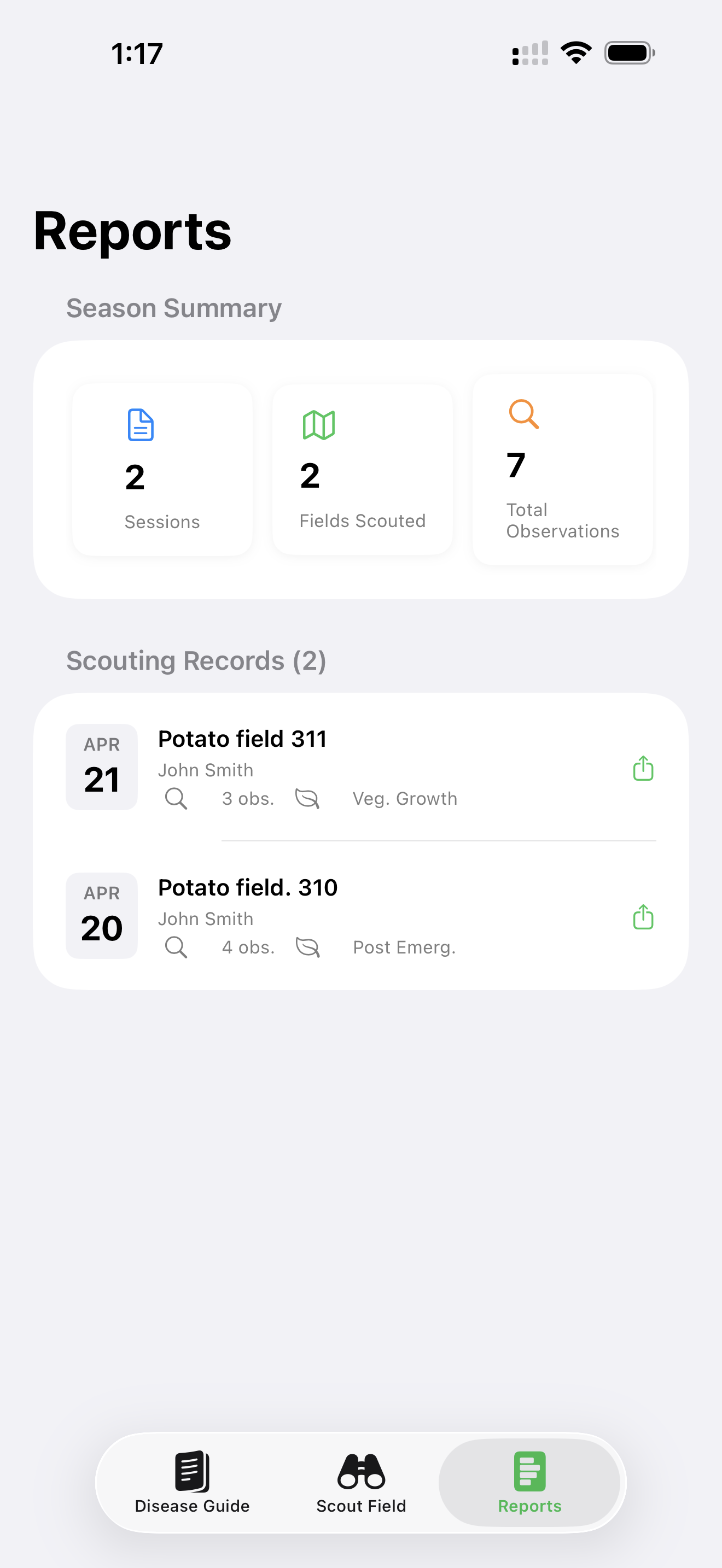 Reports tab showing season summary and scouting records ready to share